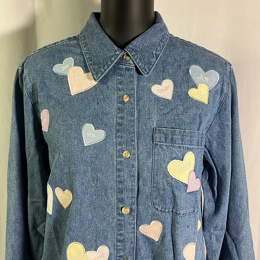 NWOT Quacker Factory Valentines Hearts Oversized Button Down Denim Shirt - Picture 4 of 16